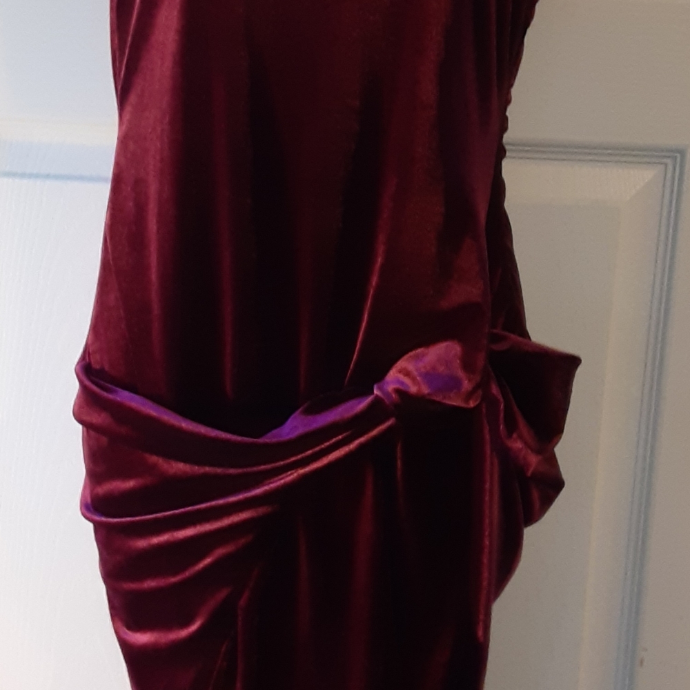 Venus Burgundy Velvet Asymmetrical Dress Medium Draped Knot Cocktail Party - Picture 5 of 12
